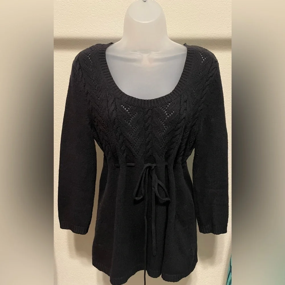 Michael Kors Women’s Sweater Medium Black Cotton Angora Pointelle Cable Knit